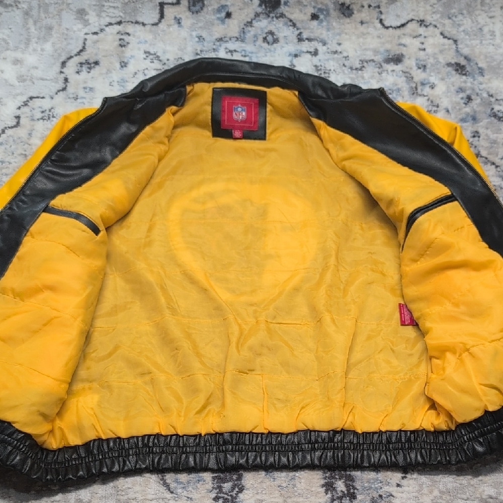 Vintage Pittsburgh Steelers NFL Jacket Faux Leather Varsity Bomber Black Yellow - Picture 6 of 9